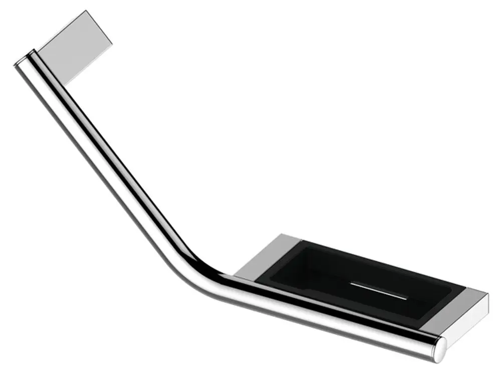 Haltegriff von Keuco mit integrierter Seifenablage. Verchromte Oberfläche mit schwarzgrauem Ablagenbereich, links montierbar. Funktionalität trifft modernes Design.